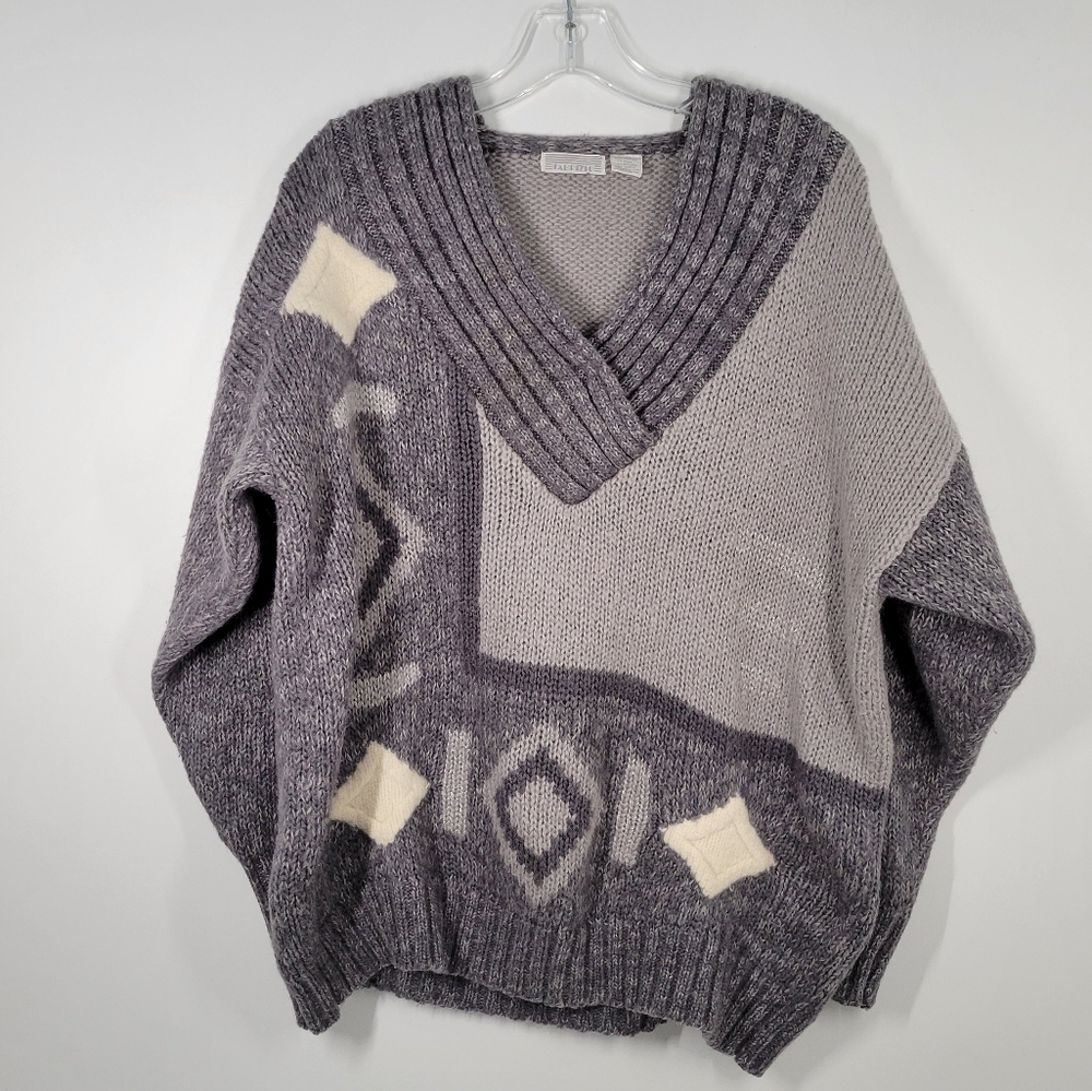 Vtg Fabrizio Gray Wool Angora Geometric Print VNeck Knit Jumper Sweater Women L